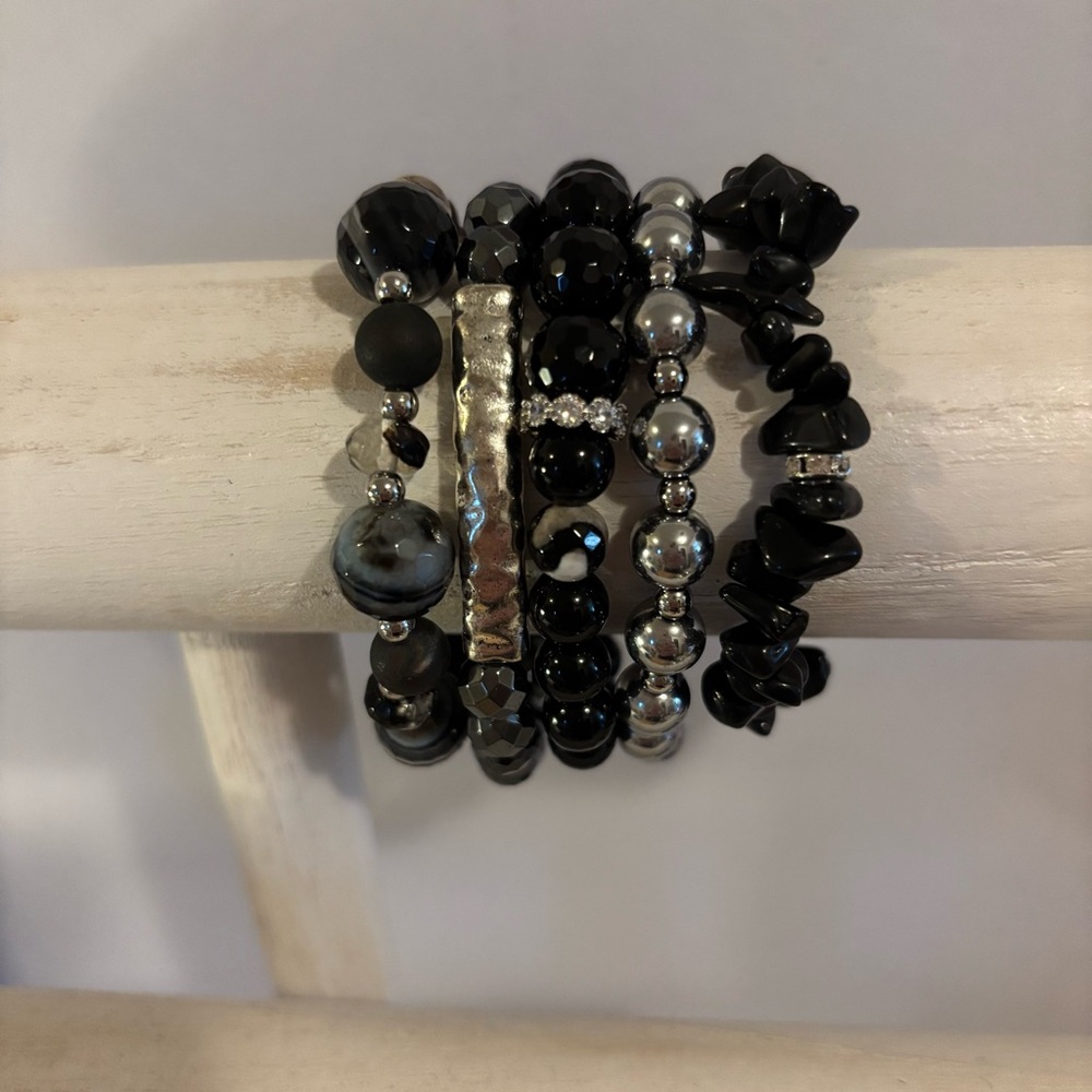 Handmade  Gemstone Beaded Bracelet Stack Set of 5 NWT Agate Onyx Hematite